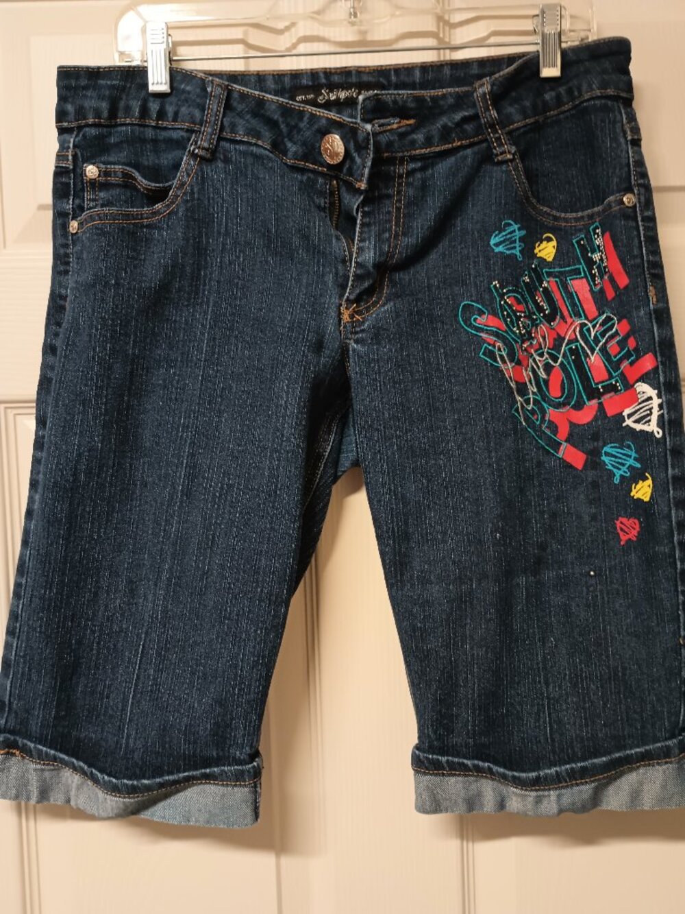Women's Blue Denim Shorts with Graffiti Print Size Juniors - 15